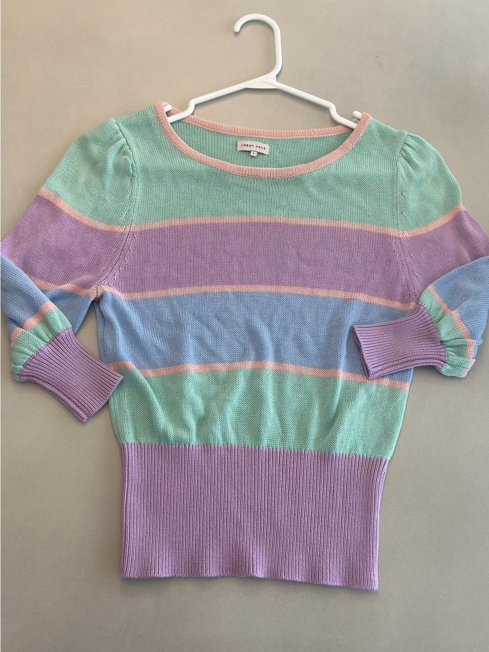 The Urban Haus Women’s Pastel Striped Knit Sweater Top Puff Sleeve- Size S - Picture 10 of 11